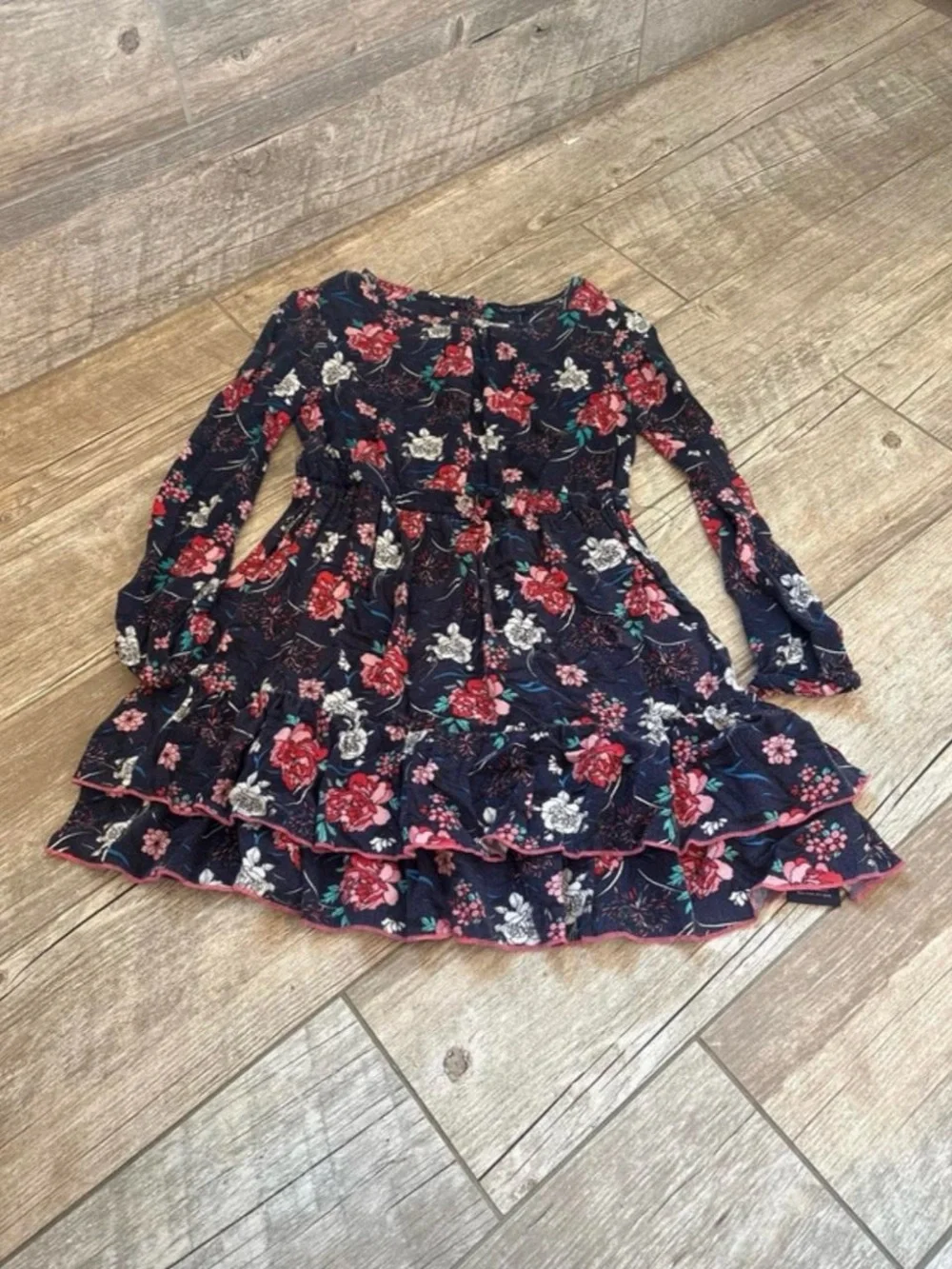 Nautica Navy Floral Long-Sleeve Tiered Dress with Red and White Blooms